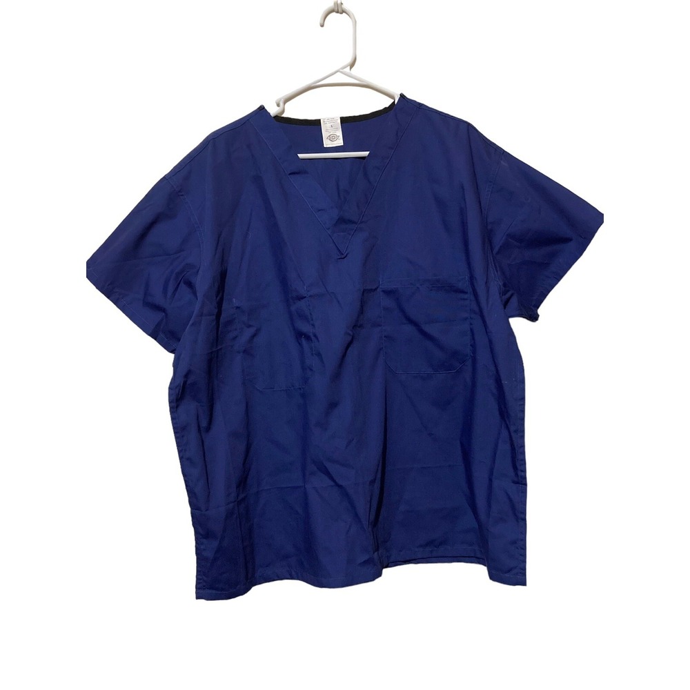 Dickies Womens Scrub Top Blue Large V Neck Short Sleeve Pockets Medical Pullover